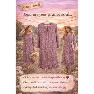 Handmade Vintage Paisley Print Long Sleeve Midi Dress Ruffle Hem Mauve Purple M
